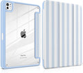 Case for iPad Pro 13 inch (M5) 2025 (M4) 2024 Release with Pencil Holder - Cute Preppy Coastal Design Aesthetic Blue White Striped Trifold Cover with Soft Bumper Clear Back Auto Sleep/Wake
