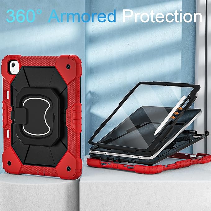 WESOROL Cases for iPad Air 13 Inch Case 2025/2024 with Pencil Holder/Screen Protector/360 Rotating Stand/Shoulder StrapMilitary Grade Shockproof Cover for iPad Air M3/M2 CaseRed Black