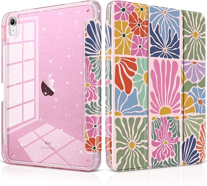 DONGKE for iPad Pro 11 inch Case – Fits M5 2025 / M4 2024 Shockproof Sparkling Glitter Acrylic Back Pencil Holder Trifold Stand Auto Sleep/Wake &amp Touch ID Support - Colorful Florals