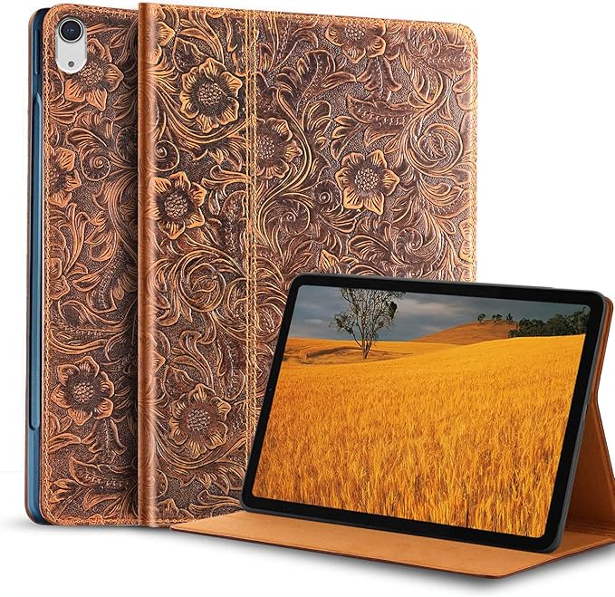 Gexmil Leather Case for iPad (A16) 11th Generation 11 Inch 2025 iPad 10th Generation 10.9 Inch 2022Protective Full Grain Leather Cover Support Auto Sleep/WakeAnti SlipPattern-Brown