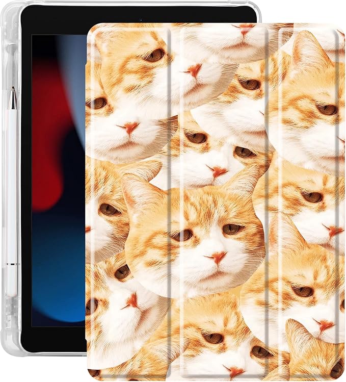 Idocolors Case for iPad 11 inch (A16 Chip) 2025 Generation 11th / iPad 10.9 inch 2022 10th Gen Built-in Pencil Holder with Soft TPU Shockproof Back Shell Auto Wake/Sleep Orange Cat