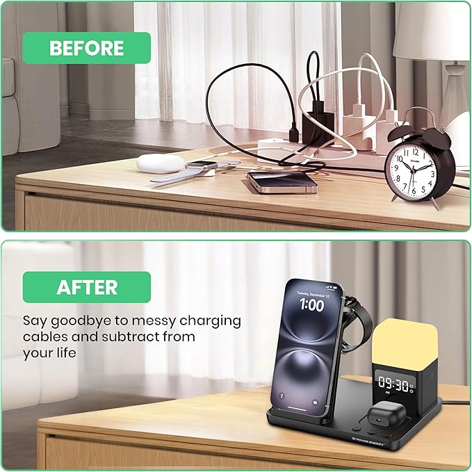 Wireless Charger 6 in 1 Wireless Charging Station for Cell Phone Wireless iPhone 15/14/13/12/11/X/8 Samsung Galaxy S23–S8 Pixel Apple Watch Series 2–9/SE/Ultra AirPods Pro – Fast Qi Charger
