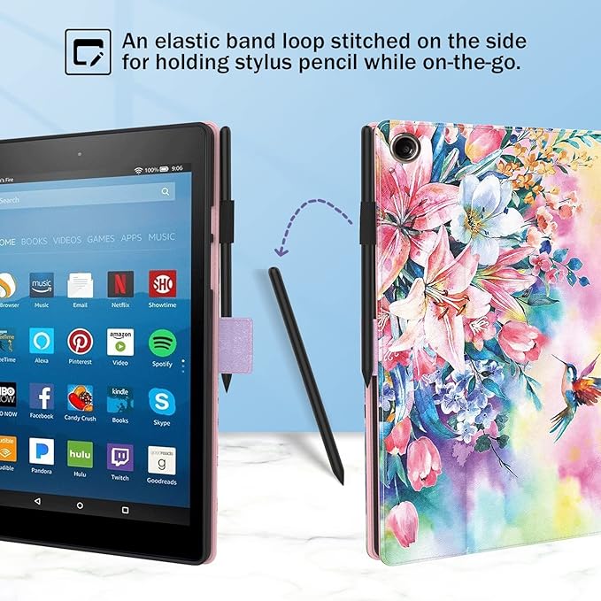 Dteck for Fire HD 8 Tablet Case (8th/7th/6th Generation-2018/2017/2016 Release) 8 Slim Folio Case with Auto Sleep Wake &amp Stand Function Hand Strap Protective PU Leather Cute Cover Pink Blosso