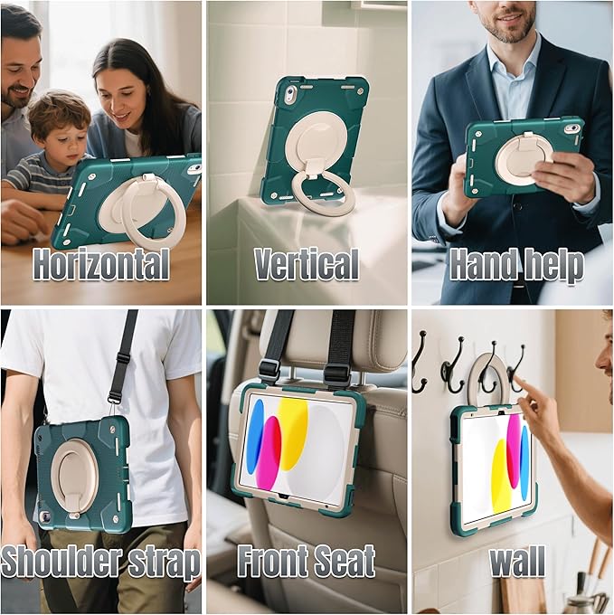 Case for iPad (A16) 11th /10th Generation 11/10.9 Inch 2025/2022 with Screen Protector/360° Rotate Stand/Shoulder Strap/Pencil Holder Shockproof iPad 11th/10th Gen Cover (Green+White)