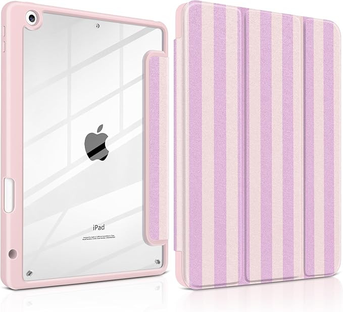 DONGKE for iPad 9th/8th/7th Generation Case 10.2 Inch (2021/2020/2019) [Auto Sleep/Wake &amp Pencil Holder] Clear Acrylic Back Trifold Stand Cover Pink Stripes