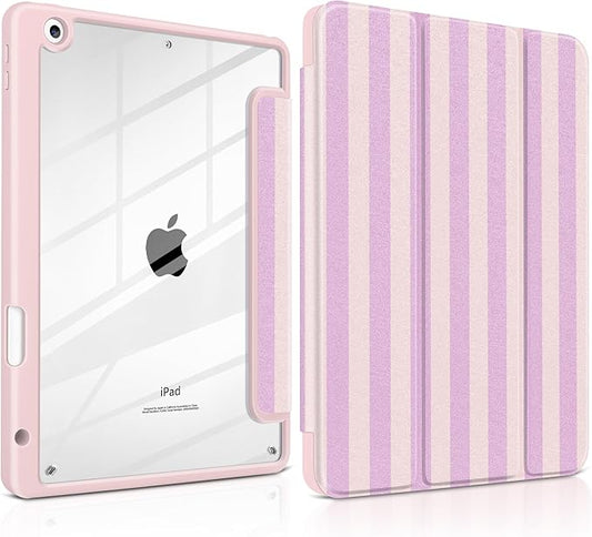 DONGKE for iPad 9th/8th/7th Generation Case 10.2 Inch (2021/2020/2019) [Auto Sleep/Wake &amp Pencil Holder] Clear Acrylic Back Trifold Stand Cover Pink Stripes
