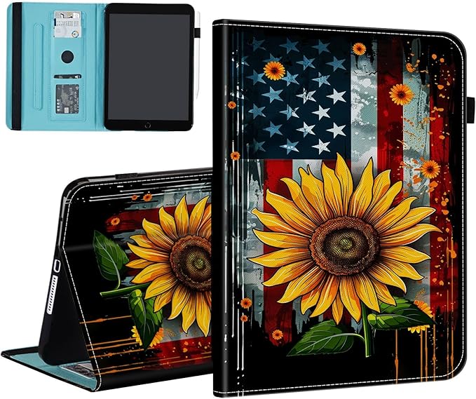 Case for Samsung Galaxy Tab A9 Plus/A9+ 5G 11 Inch 2023 Model (SM-X210/X216/X218)Card Slot PU Leather TPU Case Pen Holder Auto Wake SleepAmerican Flag Sunflower
