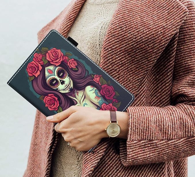 Case for Amazon Kindle Fire 7 Tablet (7 9th/7th Generation 2019/2017 Release) Slim PU Leather Cover with Card Slot &amp Auto Wake/Sleep Sugar Skull Girl Roses