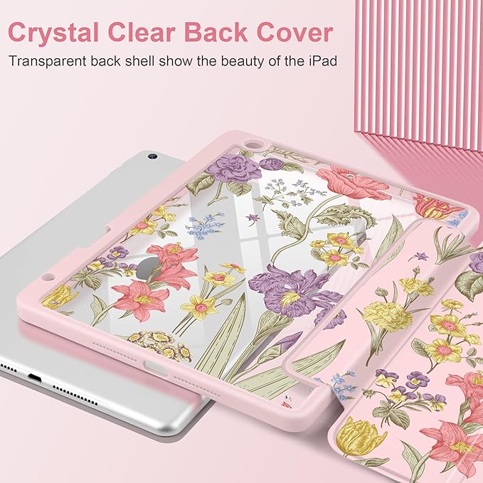 DONGKE for iPad 9th/8th/7th Generation Case 10.2 Inch (2021/2020/2019) [Auto Sleep/Wake &amp Pencil Holder] Clear Acrylic Back Trifold Stand Cover Pink Botanical Floral
