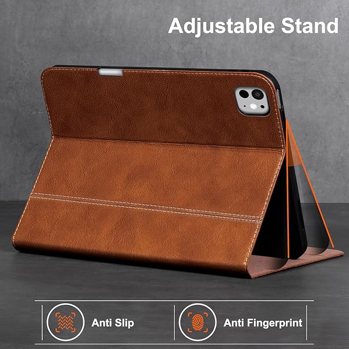 Gexmil Genuine Leather Case for iPad Pro 11 Inch (M5/M4) 2025/2024 with Pencil HolderProtective Shockproof Leather Smart Folio Cover Adjustable Stand Auto Sleep/Wake Anti-SlipVegetable Tanned Brown