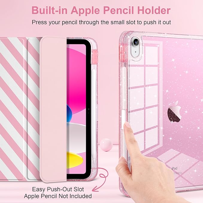 MEEgoodo Case for iPad A16 11th Generation 2025/10th Generation 2022 Glitter Tablet Cases with Transparent Acrylic Back+Trifold Stand +Pencil Holder+Auto Wake/SleepPink and White Stripes