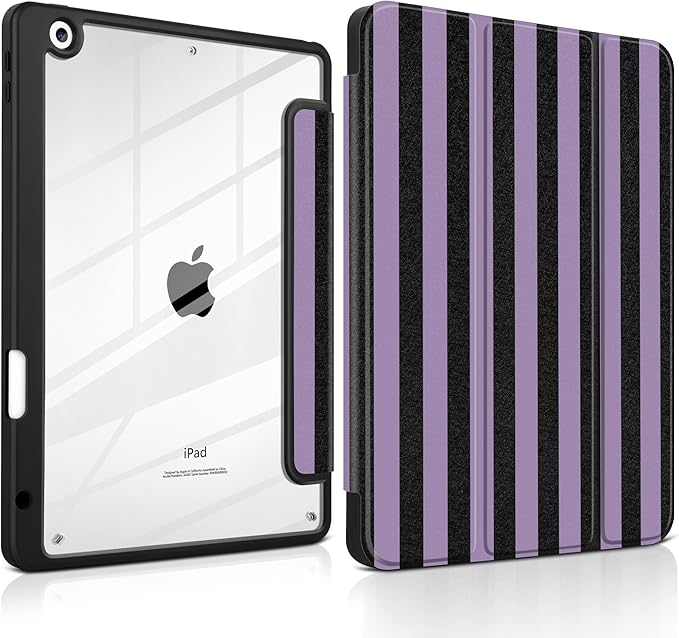 DONGKE for iPad 9th/8th/7th Generation Case 10.2 Inch (2021/2020/2019) [Auto Sleep/Wake &amp Pencil Holder] Clear Acrylic Back Trifold Stand Cover Purple Stripes