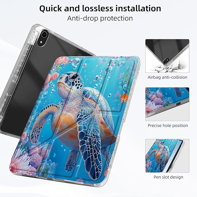 for iPad mini 7 A17 Pro 2024/iPad Mini 6 2021 Case with Pencil HolderFoldable Y-Shaped CoverStylish Clear Multi-Angle Viewing&ampAuto Sleep/Wake Coral Turtle Tablet Case