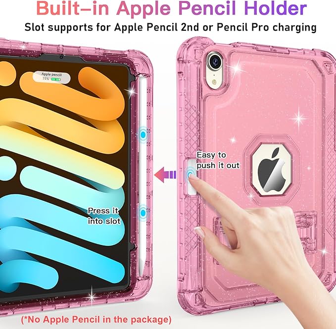 Case for iPad mini A17 Pro for iPad mini 7th/6th Generation Case 8.3 inch 2024/2021 with Pencil Holder/Stand Slim Cover for i Pad Mini 7/6 (Clear Glitter Pink)