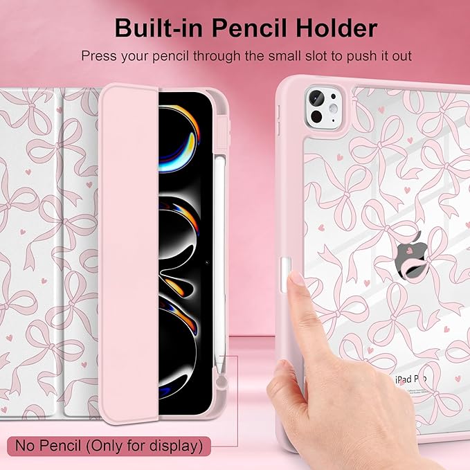 TWOLSKOO Case for iPad Pro 11-inch (M5 2025 / M4 2024) Clear Acrylic Back with TPU Bumper Pencil Holder Trifold Stand Auto Sleep/Wake Pink Bows