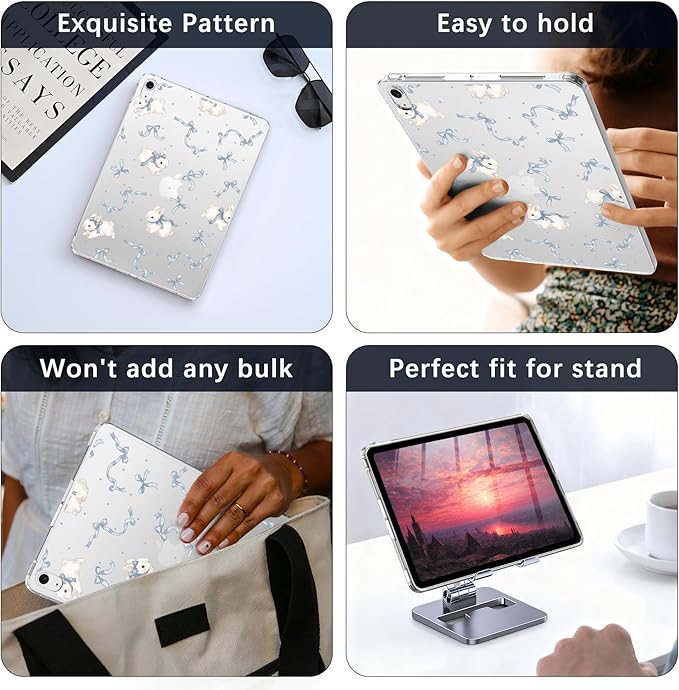 for iPad Pro 13-inch (M4) 2024Aesthetic Bowknot Rabbit Crystal Clear CaseSlim Lightweight Anti-Scratch Soft TPU Bumper Hard Acrylic Back Cover for Women