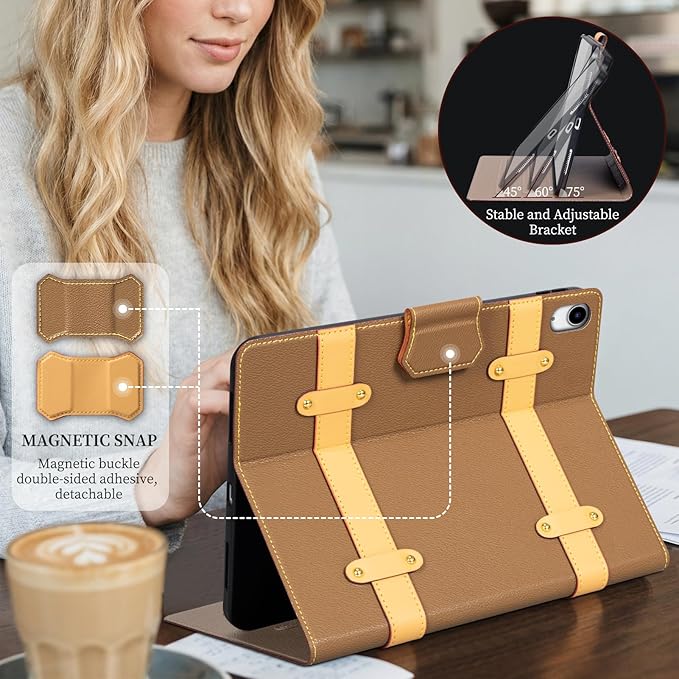 Case for iPad A16 11th Gen 11 InchiPad 10th Gen. 10.9 InchLeather Folio Cover with Auto Wake/Sleep Adjustable StandDetachable Magnetic Closure Protection Case-Multiple Straps Yellow Brown