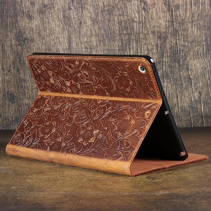 Gexmil Genuine Leather Case for iPad 10.2 Inch CaseCowhide Folio Cove for iPad 9/8/7 Generation(2021/2020/2019) Anti Fingerprint/Slipr Auto Sleep/Wake with Adjustable StandFlower Brown