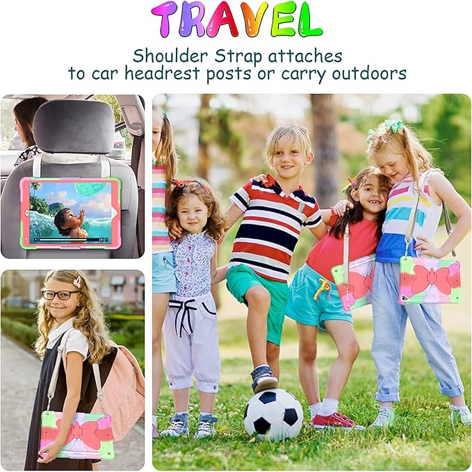 Ambison Case for iPad 9th/8th/7th Generation 10.2 inch with Glass Screen Protector Rugged Shockproof Protective Cover for Kids Girls Butterfly Stand Shoulder Strap for iPad 2021/2020/2019-Rose Red