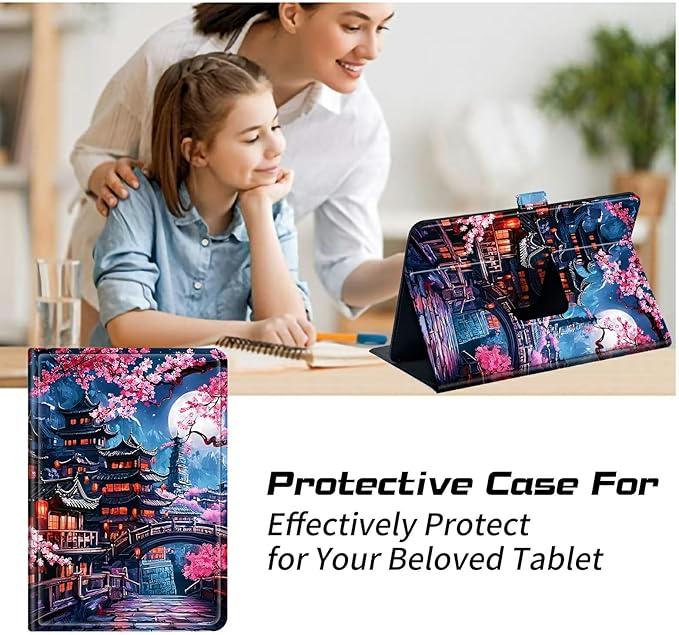 for Walmart Onn 10.1 2024 Onn 10.1 Gen 4 Universal Tablet Case 360 Degree Rotating Kickstand Protective Stand Case with Multiple Viewing PU Leather Shell Case Cherry Blossom House