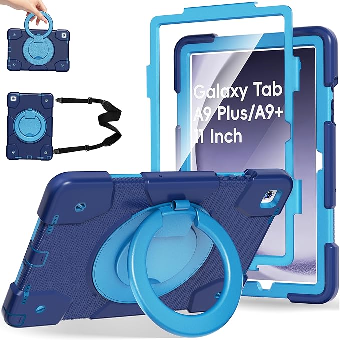 Case for Samsung Galaxy Tab A9+/A9 Plus Case 11 Inch with Screen Protector/360° Rotating Stand/Pen Holder/Shoulder Strap Shockproof Cover for Tablet A9+ 5g (Navy+Blue)