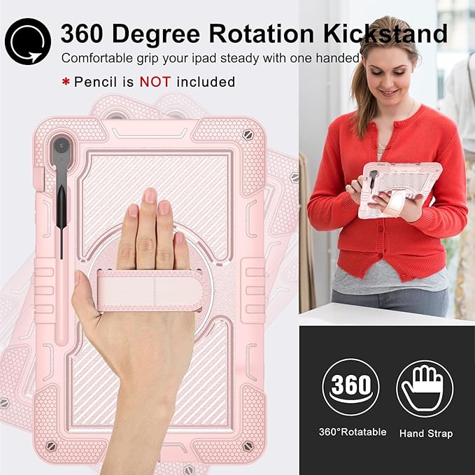 Tablet Case Compatible with Samsung Galaxy Tab S10 FE Plus 13.1 Inch 2025 Model (SM-X620/X626) CaseHeavy Duty Shockproof Rugged Protection Cover Stand &ampHand Strap+Shoulder Strap(Rose Gold)