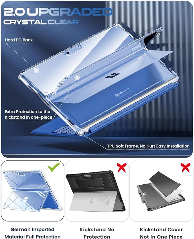 INFILAND Microsoft Surface Pro 11 AI/10/9 5G Case 13 Inch 2022 Full Crystal Clear [Anti-Yellowing] All-in-one Protection Shell Cover Work with Type Cover Keyboard &amp Surface Slim Pen 2 Bayer Cle