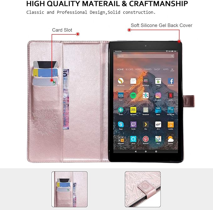 Folio Case for Fire HD 10 (9th/7th/5th Generation 2019/2017/2015 Release) Sunflower Embossed Stand Protective Cover with Card/Cash Holder for Amazon Fire HD 10.1 Inch Tablet Rose Gold