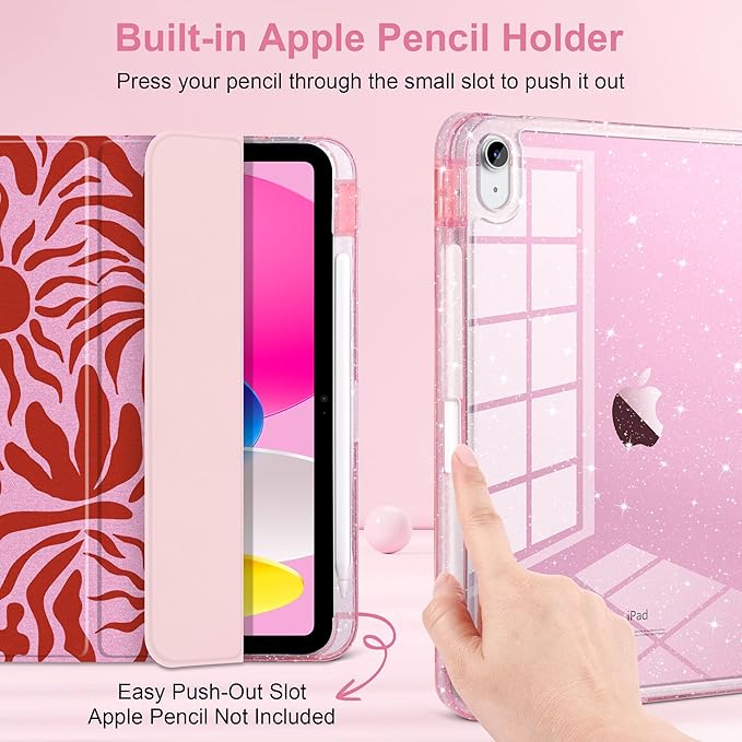 MEEgoodo Case for iPad A16 11th Generation 2025/10th Generation 2022 Glitter Tablet Cases with Transparent Acrylic Back+Trifold Stand +Pencil Holder+Auto Wake/SleepAbstract Sun &amp Palm Tree