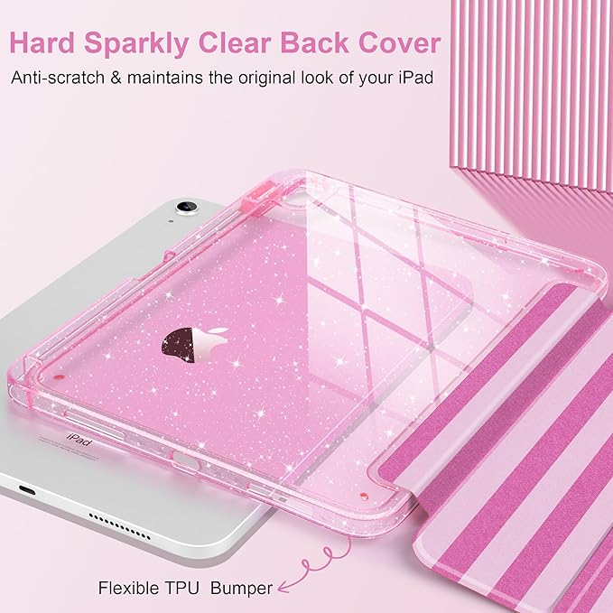TWOLSKOO Sparkly Case for iPad Pro 11 inch (M5 2025 / M4 2024) Glitter Hard Acrylic Back with Pencil Holder Slim Trifold Stand Folio Cover Auto Sleep/Wake Pink Stripes