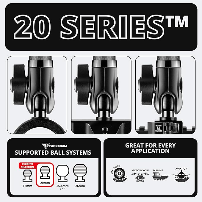 Tackform 5 Long 20mm Ball and Socket Arm DuraLock 20 Series Carbon Fiber Arm | Dual 20mm Sockets with Optional Anti-Theft Knobs | Black with Red Billet Accent Kit
