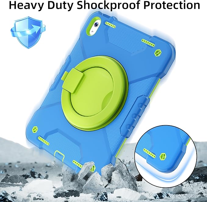 Case for iPad (A16) 11th Generation 11 inch 2025/10th Generation 10.9 inch 2022 Shockproof Cover with Screen Protector/360° Rotate Handle/Bracket/Pen Holder/Shoulder Strap (Blue+Green)