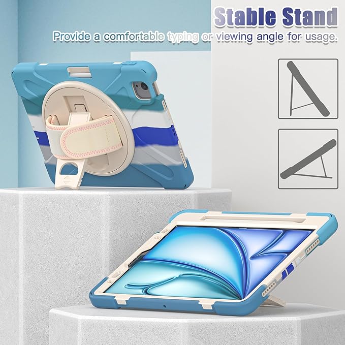 Batianda Case for iPad Air 11 inch 2025 M3 2024 M2 Chip Heavy Duty Rugged Durability Silicone Tablet Cover with 360° Rotating Hand Strap Foldable Hidden Stand &amp Shoulder Strap Colorful Blue