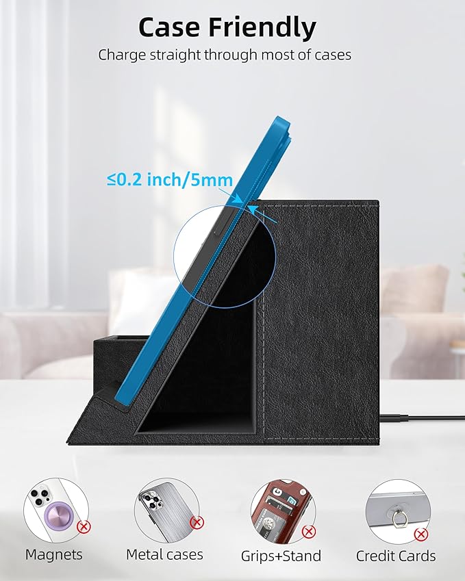Wireless Charger with Desk Organizer Pen Pencil Holder Multifunctional Desktop Organizer Office Supplies and Desk Accessories Organizer with 3 Compartments and 1 Phone Stand PU Black