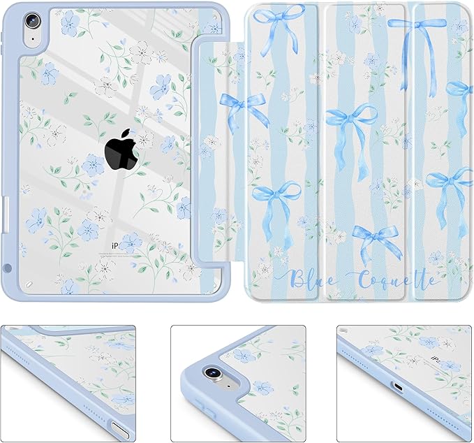 May Chen Case for iPad Air 13 Inch M4 2026 M3 2025 M2 2024 [Built-in Pencil Holder] Shockproof Cover with Clear Transparent Back Shell Auto Sleep/Wake Cover Flower Blue Waves