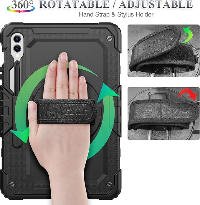 SEYMAC stock Case for Samsung Galaxy Tab S10 Plus/ S9 FE Plus/ S9 Plus 5G Tablet 12.4'' Case with Screen Protector Pencil Holder [360 Rotating Hand Strap] &ampStand Drop-Proof Black1