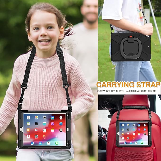 BRAECN Kids Case for 9.7” iPad 6th/5th Generation/iPad Pro 9.7 Inch/iPad Air 2 Shockproof Silicone Case with Rotatable Grip Shoulder Strap Pencil Holder Stable Kickstand for iPad 9.7 Inch-Black