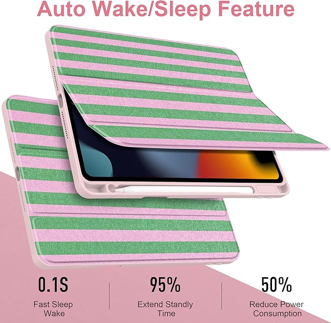 DONGKE for iPad 9th/8th/7th Generation Case 10.2 Inch (2021/2020/2019) [Auto Sleep/Wake &amp Pencil Holder] Clear Acrylic Back Trifold Stand Cover Green Stripes