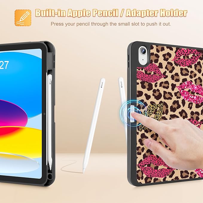 Tuiklol Case for iPad 10.2 Inch 2021 2020 2018 Release 9th / 8th / 7th Generation Built-in Pencil Holder TPU Protective Stand Back Cover Trifold Stand-Auto Wake/Sleep Leopard &amp Mouth