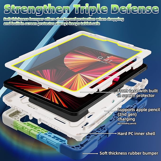 For iPad Air 5th 4th Generation 10.9 inch Case with Screen Protector [15ft Drop Protection] iPad Pro 11 Case 4th 3rd 2nd 1st Gen (2022 2021 2020 2018) for Kids W/ 360 Stand Hand/Shoulder Strap