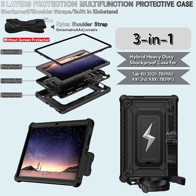 Case for Lenovo Tab 10.1 inch 2025 Released (TB311FU) - Hybrid Protective Case Cover with Kickstand Lightning Design (Black/Black)
