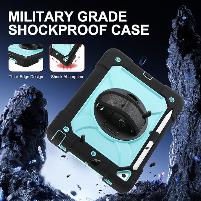for iPad 6th Generation/iPad 5th Gen/iPad Air 2/iPad Pro 9.7 Case with Cute Key Chain Rugged Protective Case with Rotating Stand &amp Shoulder Hand Strap for iPad 6th/5th/ Air 2 (Black+Aqua)