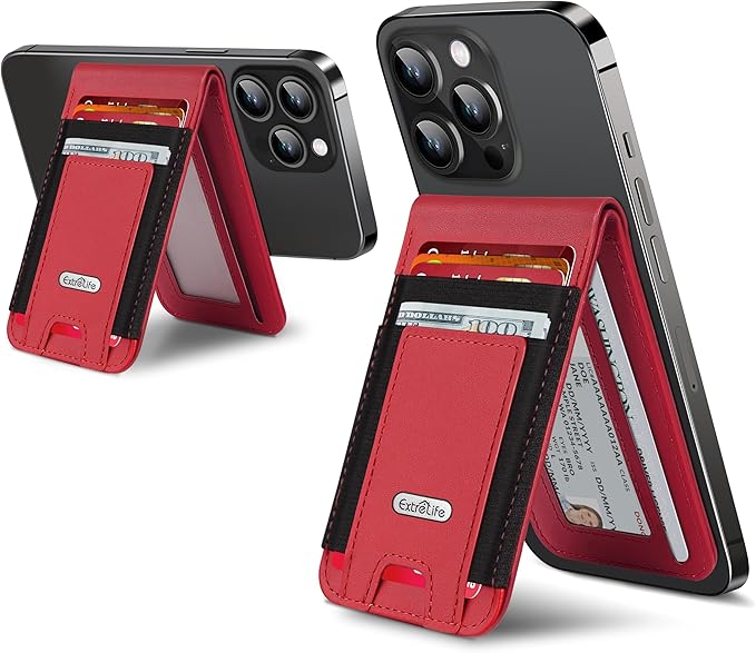 For Magsafe Wallet Stand Strongest Magnetic Wallet for iPhone 17/16/15/14/13/12 Series Magnetic Card Holder with Adjustable Stand ID Window 10 Cards Holder Vegan Leather RFID Blocking Red