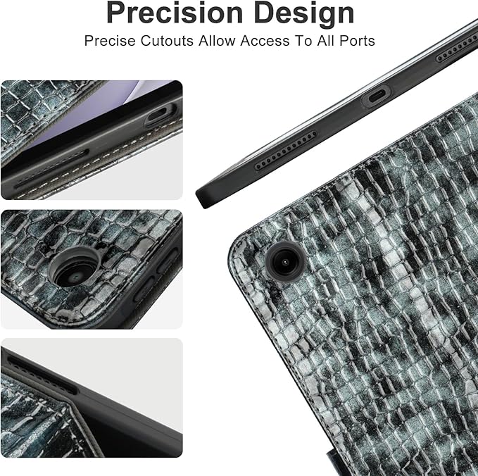 Elegant Case for Samsung Galaxy Tab A9 Plus 11 Inch 2023（Model: SM-X210/X216/X218） Premium Leather Crocodile Cover | Stand | Card Pockets| Wrist Strap| S Pen Holder(Black+Gray)