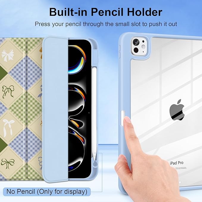 TWOLSKOO Case for iPad Pro 11-inch (M5 2025 / M4 2024) Clear Acrylic Back with TPU Bumper Pencil Holder Trifold Stand Auto Sleep/Wake Patchwork Bows