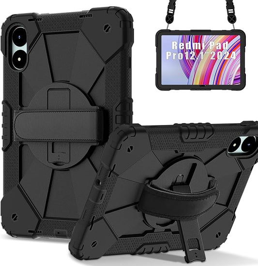 for Xiaomi Redmi Pad Pro 12.1/Xiaomi Poco Pad 12.1 Case with with Kickstand/Hand Strap/Rotating/Shoulder Strap (Black/Black)