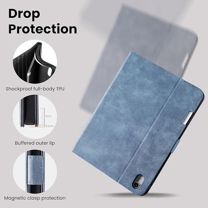 Handmade Case for iPad A16 11th Gen 11 Inch 2025 / iPad 10th Generation 10.9'' with Pencil Holder PocketMulti Angles StandMagnetic ClosureVegan Leather CoverAuto Sleep/WakeLight Blue