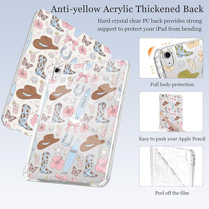 Cute Western Cowboy Flower for iPad Pro 11 Inch Case (M5/M4) 2025/2024 with Pencil Holder Auto Sleep/Wake White Leather Acrylic Back Detachable Cover