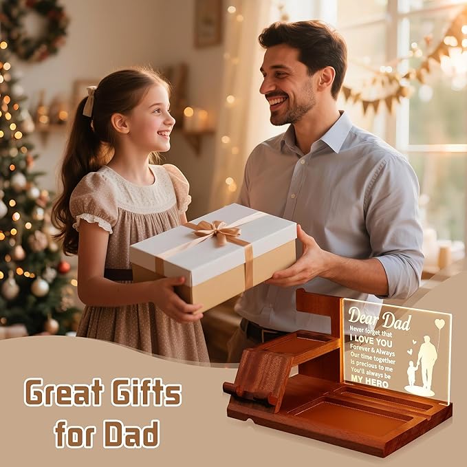 Attivolife Dad Gifts Idea LED Phone Docking Station Desk Organizer Cell Phone Stand with Night Light Best Dad Ever Gift for Father's Day Key Holder Stand for Wallet Watch Essentials