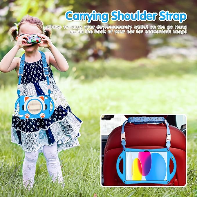 iPad 11 inch 11th Generation Case for Kids Dteck Heavy Duty Rugged Protection Kid-Friendly Handle Stand Shoulder Strap Cute Cat Case for Apple iPad 10th Generation 10.9 inch 2022 Lightblue